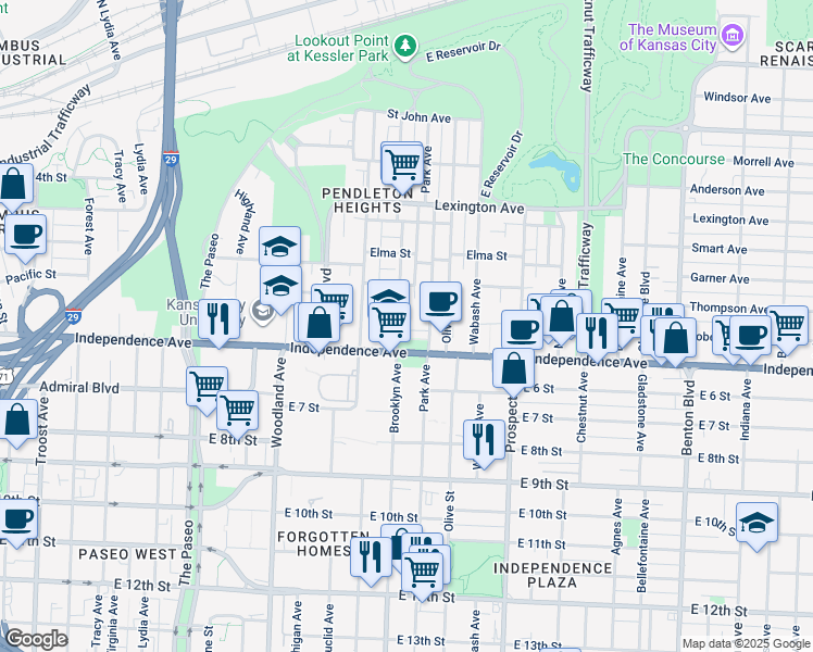 map of restaurants, bars, coffee shops, grocery stores, and more near 513 Brooklyn Avenue in Kansas City