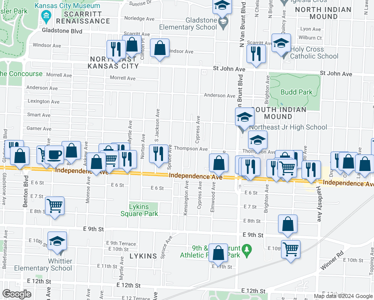 map of restaurants, bars, coffee shops, grocery stores, and more near 420 Cypress Avenue East in Kansas City