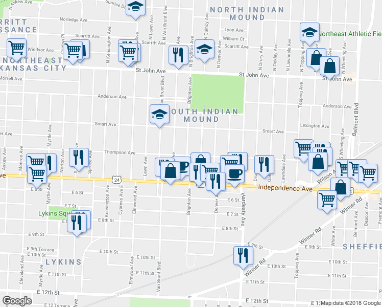 map of restaurants, bars, coffee shops, grocery stores, and more near 445 Brighton Avenue in Kansas City
