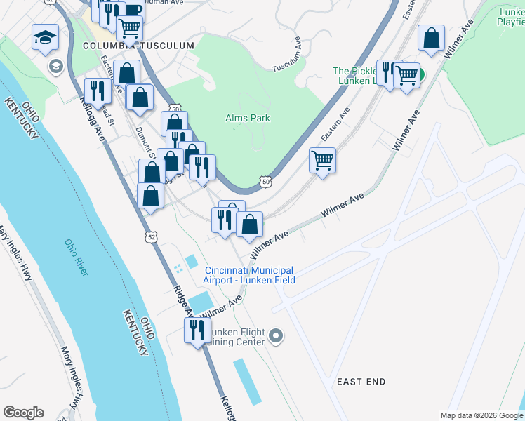 map of restaurants, bars, coffee shops, grocery stores, and more near 4147 Columbia Parkway in Cincinnati
