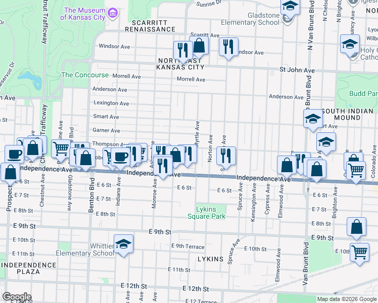 map of restaurants, bars, coffee shops, grocery stores, and more near 3838 Thompson Avenue in Kansas City