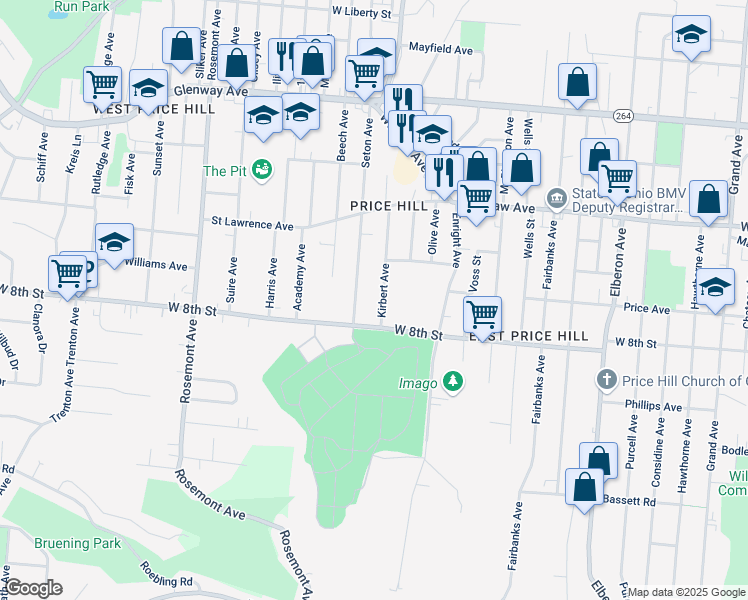 map of restaurants, bars, coffee shops, grocery stores, and more near 901 Kirbert Avenue in Cincinnati