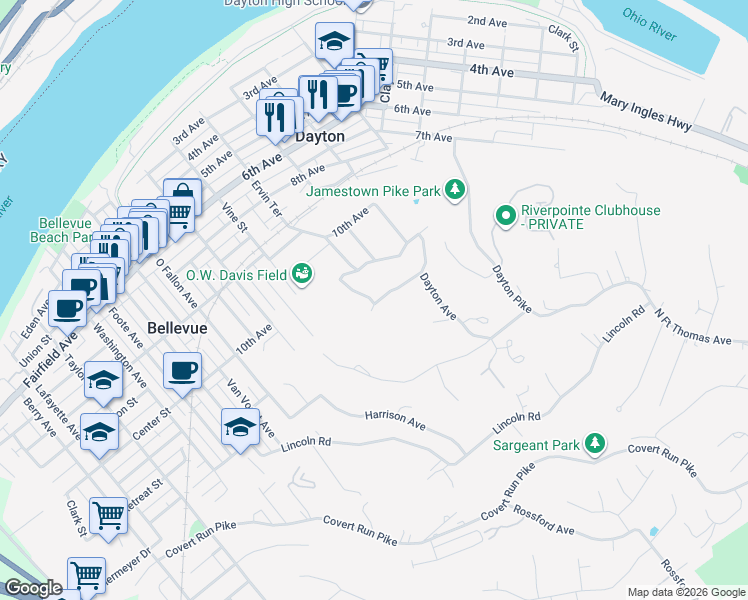 map of restaurants, bars, coffee shops, grocery stores, and more near 296 Fairview Ave in Dayton