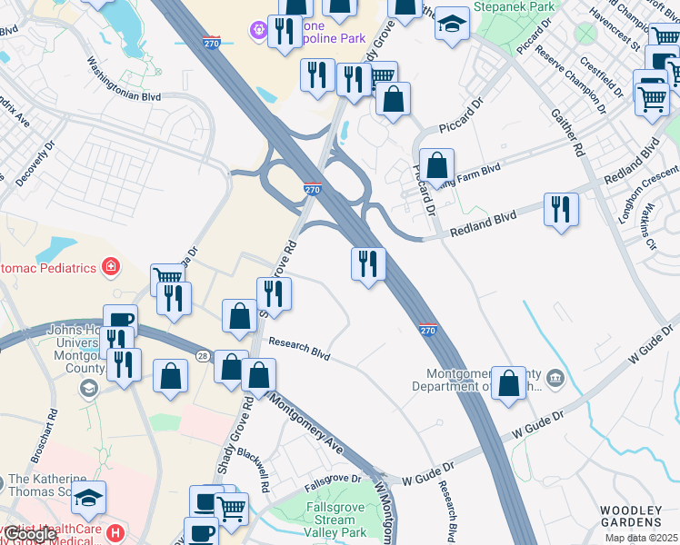 map of restaurants, bars, coffee shops, grocery stores, and more near 3 Research Court in Rockville