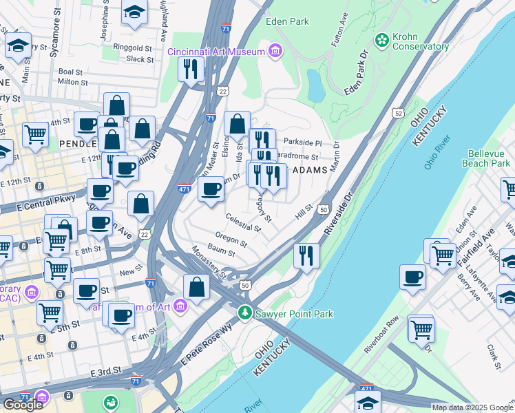 map of restaurants, bars, coffee shops, grocery stores, and more near 1047 Saint Gregory Street in Cincinnati