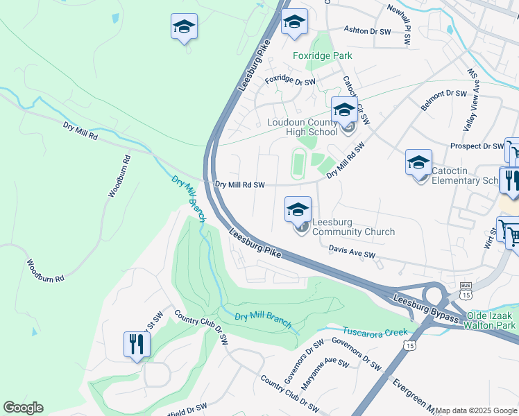 map of restaurants, bars, coffee shops, grocery stores, and more near 810 Anne Street Southwest in Leesburg