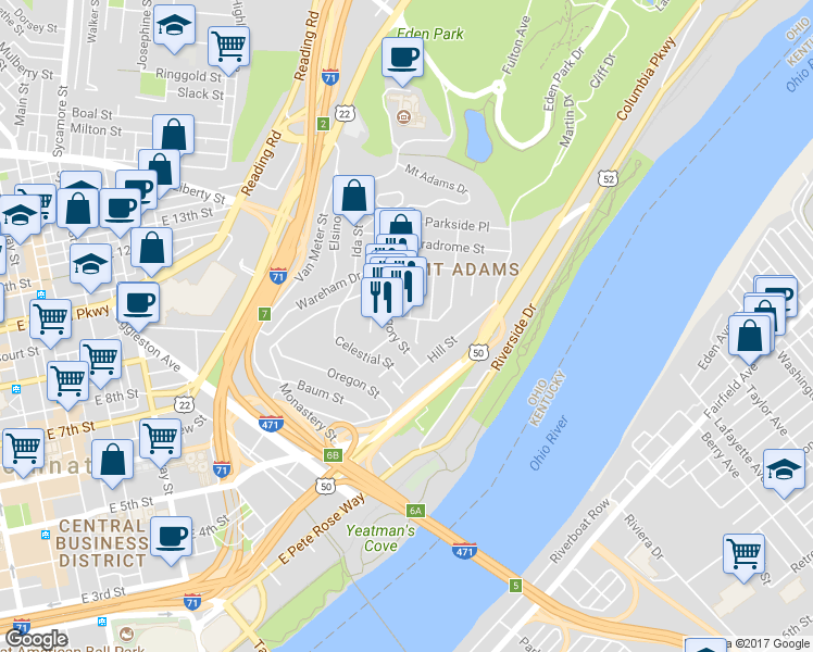 map of restaurants, bars, coffee shops, grocery stores, and more near 1110 Belvedere Street in Cincinnati