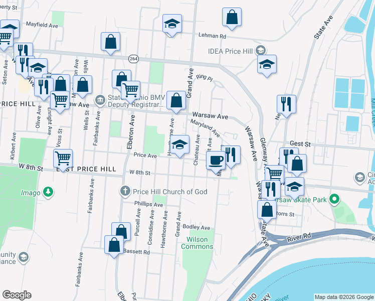 map of restaurants, bars, coffee shops, grocery stores, and more near 929 Grand Avenue in Cincinnati