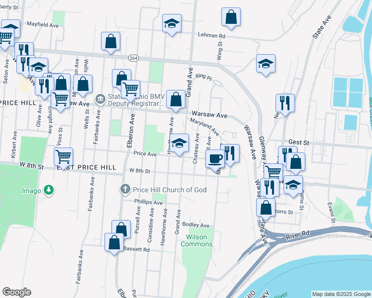 map of restaurants, bars, coffee shops, grocery stores, and more near 929 Grand Avenue in Cincinnati