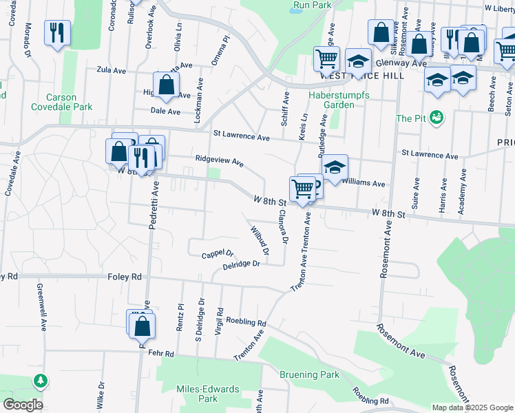 map of restaurants, bars, coffee shops, grocery stores, and more near 4312 West 8th Street in Cincinnati