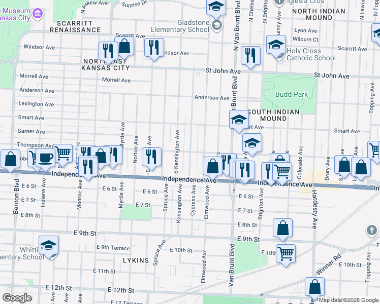 map of restaurants, bars, coffee shops, grocery stores, and more near 420 Cypress Avenue East in Kansas City
