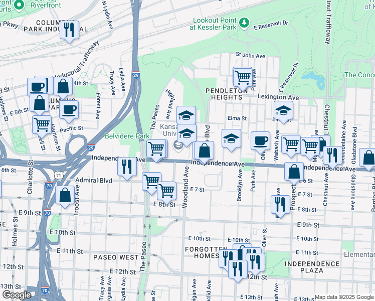 map of restaurants, bars, coffee shops, grocery stores, and more near 1750 Independence Avenue in Kansas City