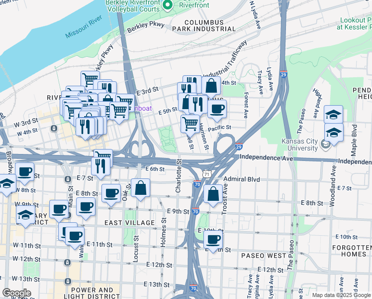 map of restaurants, bars, coffee shops, grocery stores, and more near 801 Pacific Street in Kansas City
