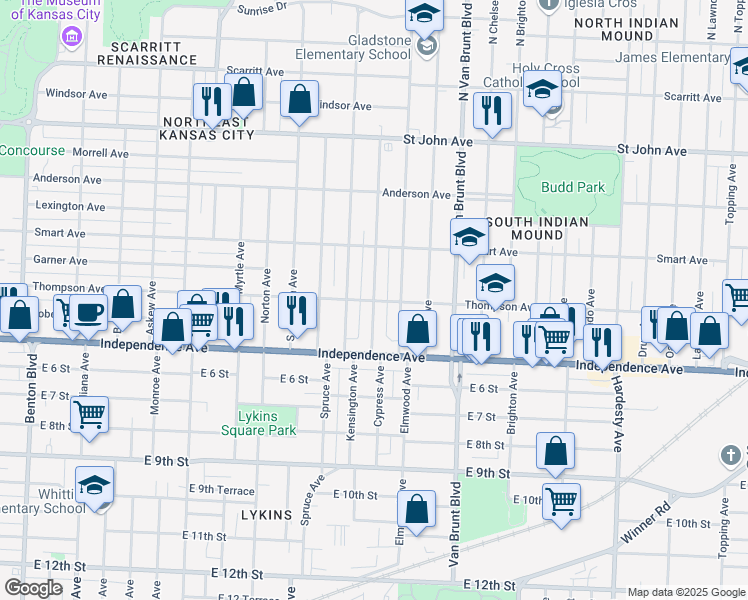 map of restaurants, bars, coffee shops, grocery stores, and more near 498 Cypress Avenue East in Kansas City
