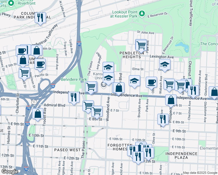 map of restaurants, bars, coffee shops, grocery stores, and more near 1750 Independence Avenue in Kansas City