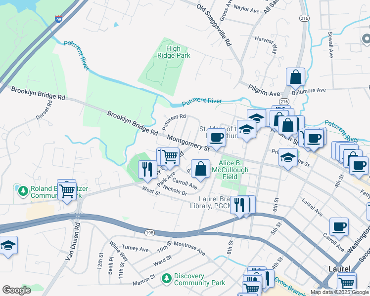 map of restaurants, bars, coffee shops, grocery stores, and more near 307 Sandy Spring Road in Laurel