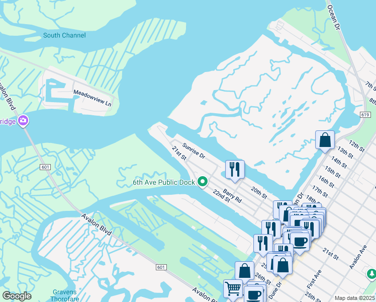 map of restaurants, bars, coffee shops, grocery stores, and more near 712 Sunrise Drive in Avalon