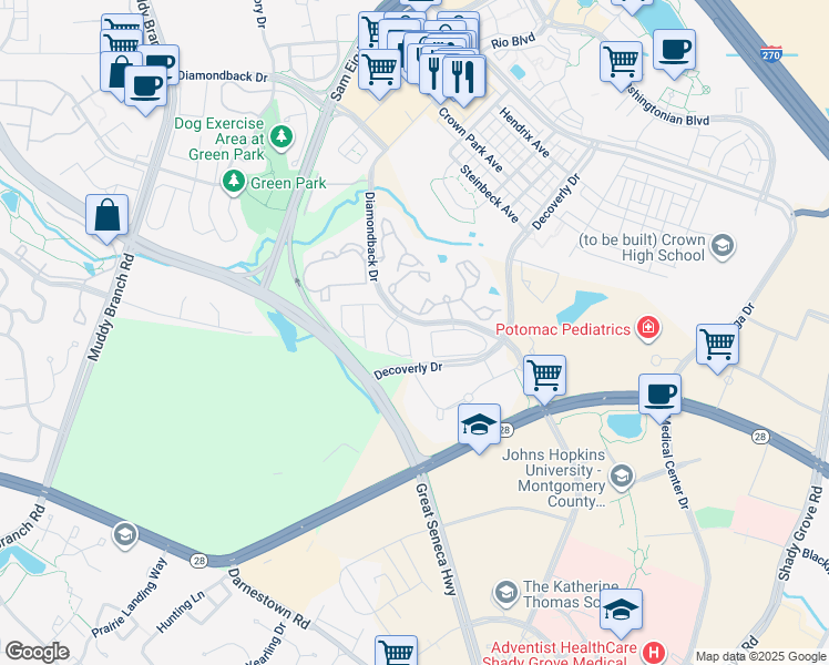 map of restaurants, bars, coffee shops, grocery stores, and more near 10023 Sterling Terrace in Rockville