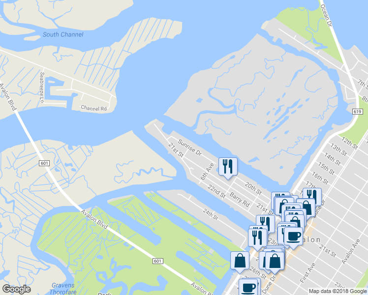map of restaurants, bars, coffee shops, grocery stores, and more near 712 Sunrise Drive in Avalon