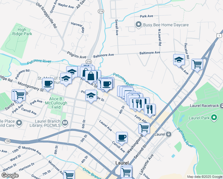 map of restaurants, bars, coffee shops, grocery stores, and more near 501 Main Street in Laurel