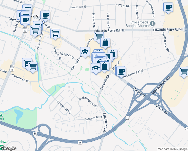 map of restaurants, bars, coffee shops, grocery stores, and more near 55 Plaza Street Southeast in Leesburg