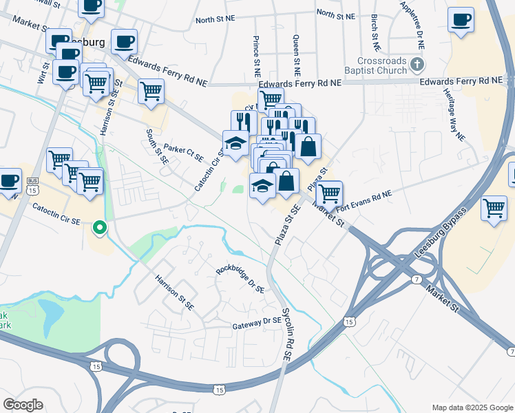 map of restaurants, bars, coffee shops, grocery stores, and more near 55 Plaza Street Southeast in Leesburg