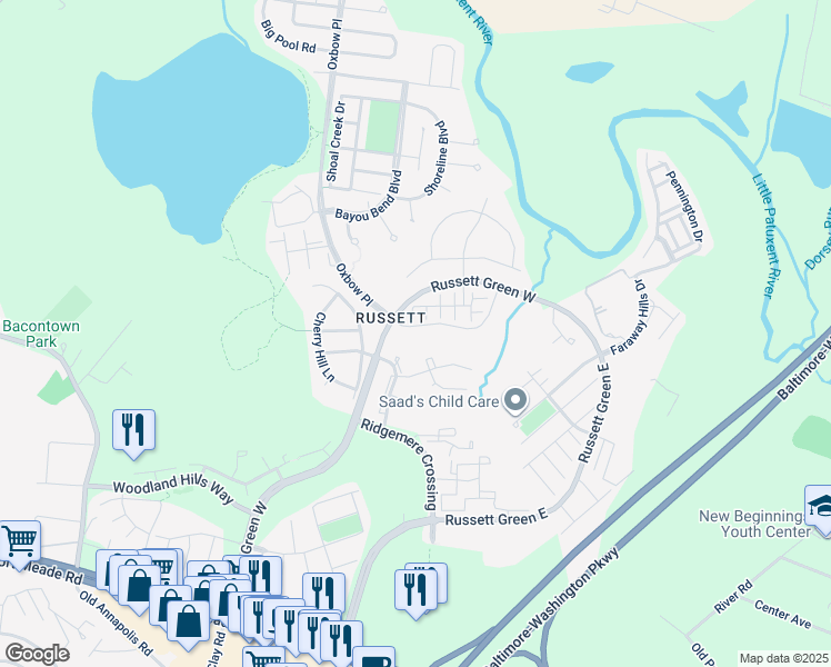 map of restaurants, bars, coffee shops, grocery stores, and more near 3529 Piney Woods Place in Laurel