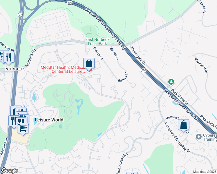 map of restaurants, bars, coffee shops, grocery stores, and more near 15201 Elkridge Way in Silver Spring