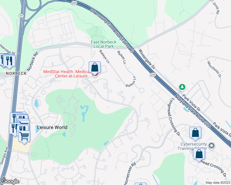 map of restaurants, bars, coffee shops, grocery stores, and more near 15201 Elkridge Way in Silver Spring