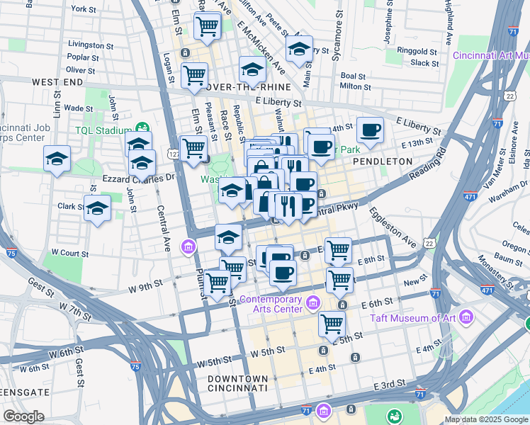 map of restaurants, bars, coffee shops, grocery stores, and more near in Cincinnati