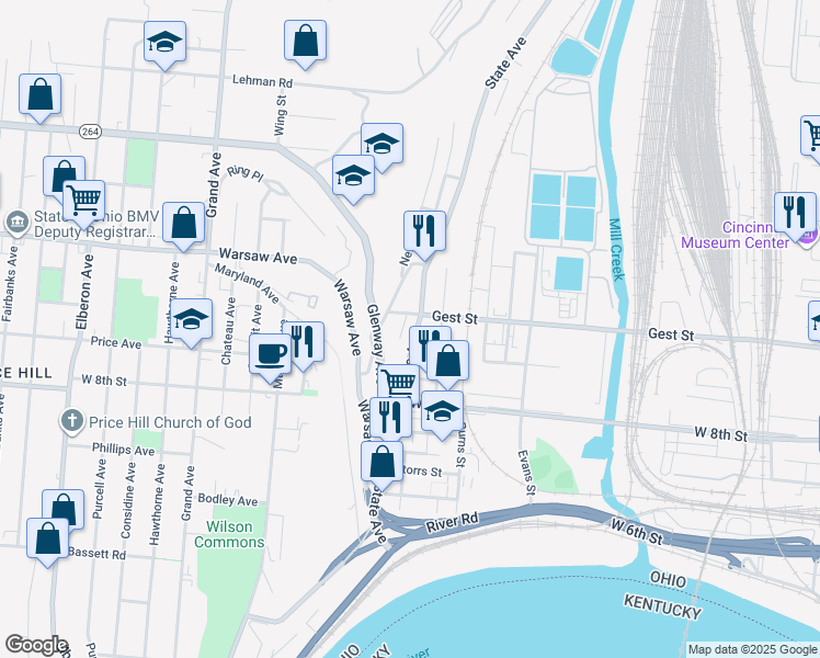 map of restaurants, bars, coffee shops, grocery stores, and more near 2362 Wilder Avenue in Cincinnati