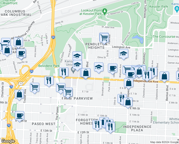 map of restaurants, bars, coffee shops, grocery stores, and more near 427 Maple Boulevard in Kansas City
