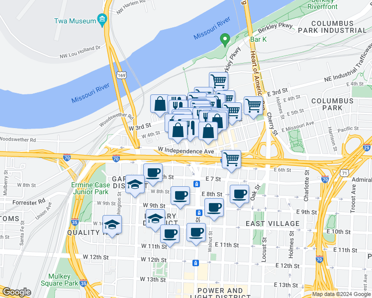 map of restaurants, bars, coffee shops, grocery stores, and more near 509 Delaware Street in Kansas City