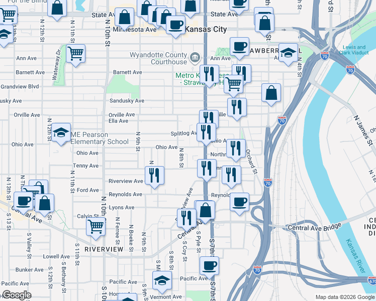 map of restaurants, bars, coffee shops, grocery stores, and more near 746 Ohio Avenue in Kansas City