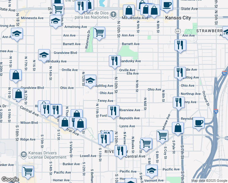 map of restaurants, bars, coffee shops, grocery stores, and more near 1017 Splitlog Avenue in Kansas City