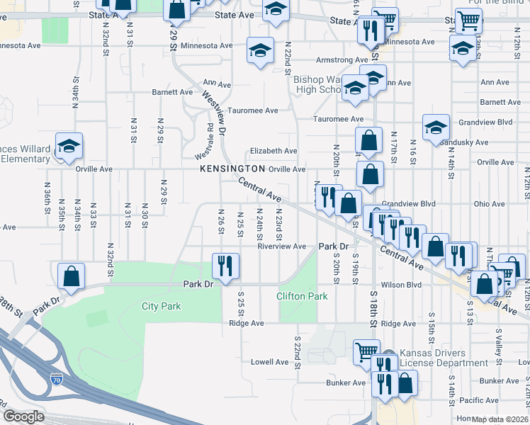 map of restaurants, bars, coffee shops, grocery stores, and more near 2316 Grandview Boulevard in Kansas City