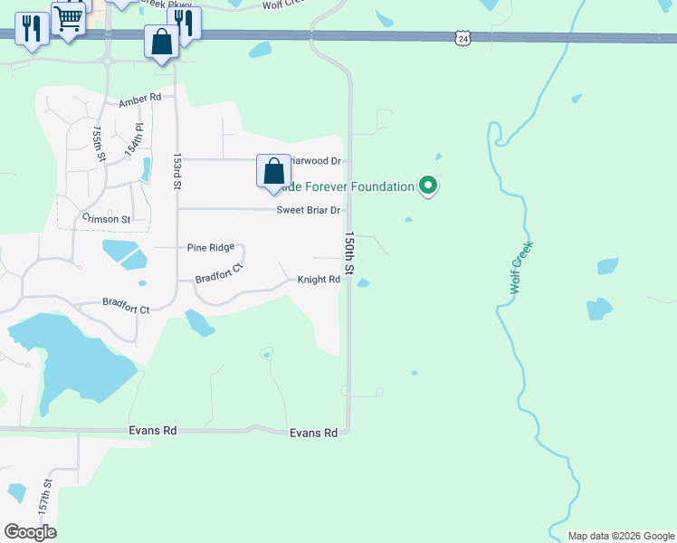 map of restaurants, bars, coffee shops, grocery stores, and more near 15022 Knight Road in Basehor