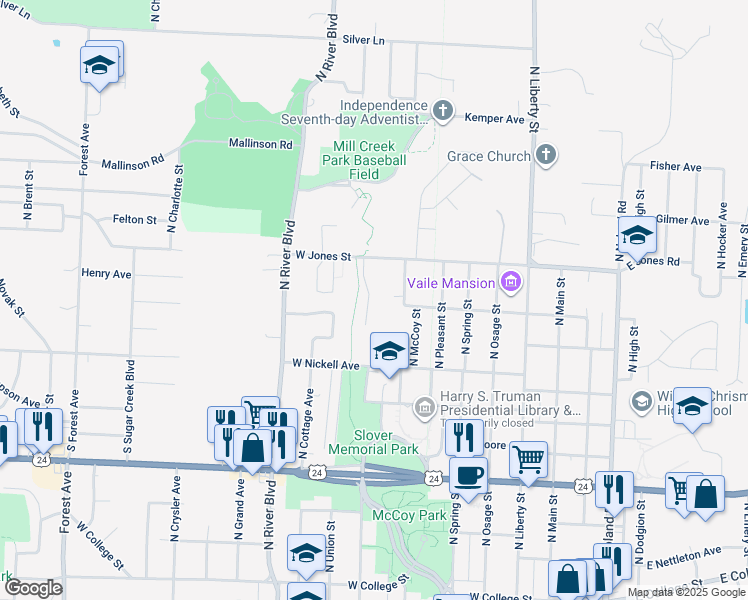 map of restaurants, bars, coffee shops, grocery stores, and more near 1419 Delaware Court in Independence