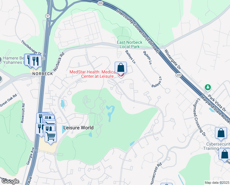 map of restaurants, bars, coffee shops, grocery stores, and more near 3200 North Leisure World Boulevard in Silver Spring