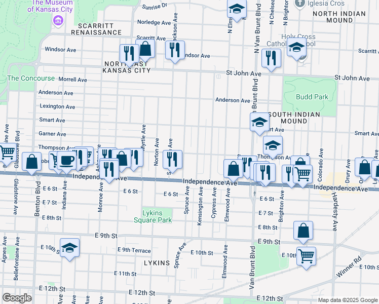 map of restaurants, bars, coffee shops, grocery stores, and more near 4310 Thompson Avenue in Kansas City