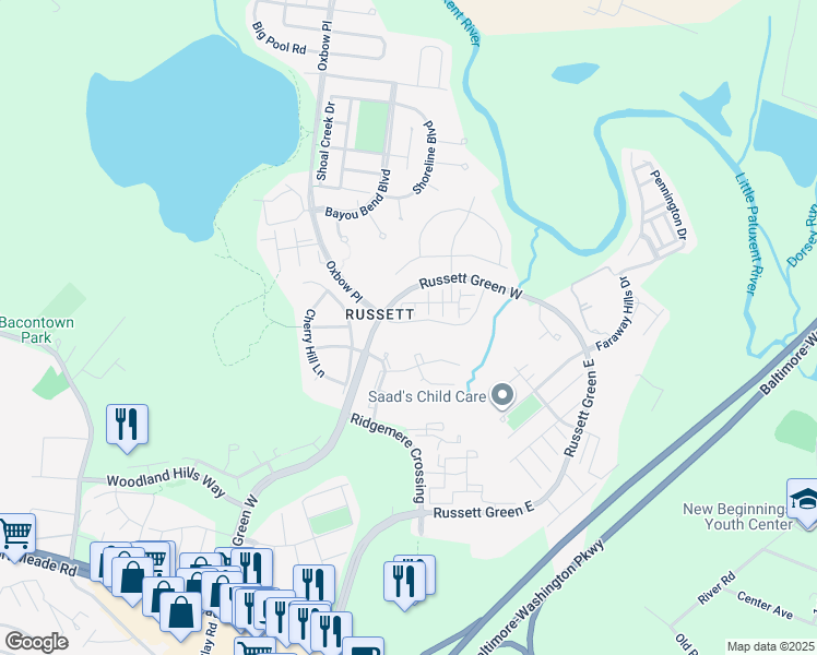map of restaurants, bars, coffee shops, grocery stores, and more near 3523 Piney Woods Place in Laurel
