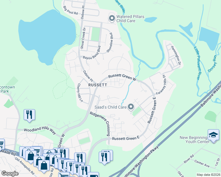 map of restaurants, bars, coffee shops, grocery stores, and more near 3521 Piney Woods Place in Laurel