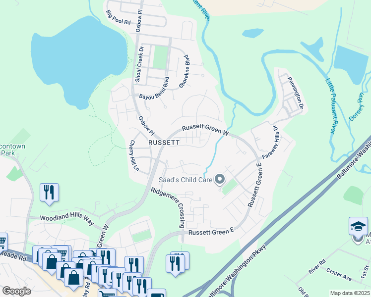 map of restaurants, bars, coffee shops, grocery stores, and more near 3521 Piney Woods Place in Laurel