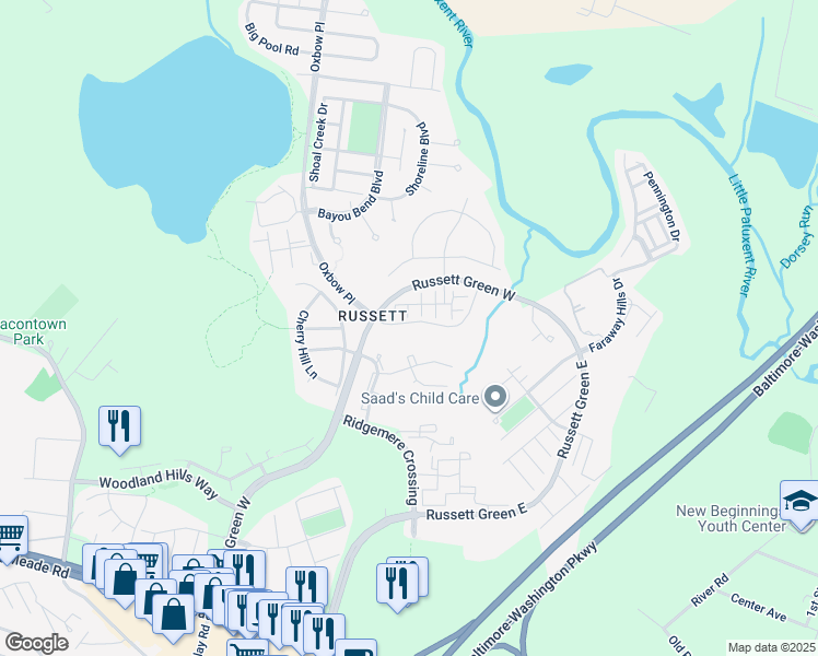 map of restaurants, bars, coffee shops, grocery stores, and more near 3529 Piney Woods Place in Laurel