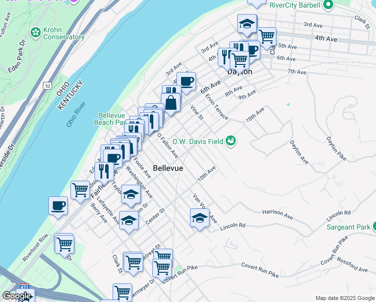 map of restaurants, bars, coffee shops, grocery stores, and more near 833 Thornton Street in Dayton