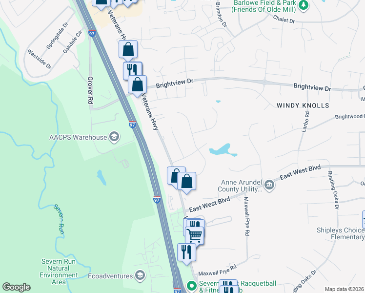 map of restaurants, bars, coffee shops, grocery stores, and more near 8315 Hope Point Court in Millersville