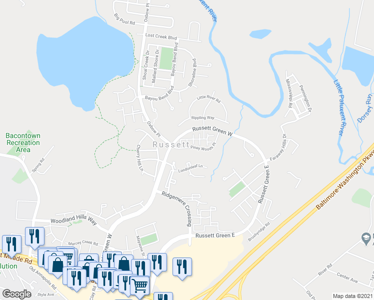 map of restaurants, bars, coffee shops, grocery stores, and more near 3561 Morning Star Place in Laurel