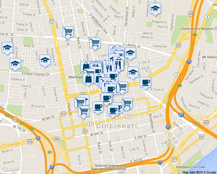 map of restaurants, bars, coffee shops, grocery stores, and more near 1112 Walnut Street in Cincinnati