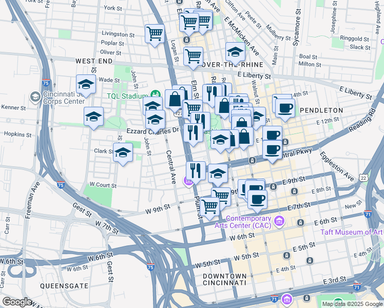 map of restaurants, bars, coffee shops, grocery stores, and more near 218 West 12th Street in Cincinnati