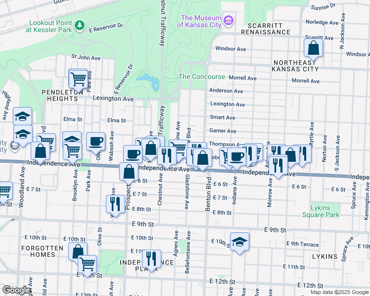 map of restaurants, bars, coffee shops, grocery stores, and more near 445 Bellefontaine Avenue in Kansas City